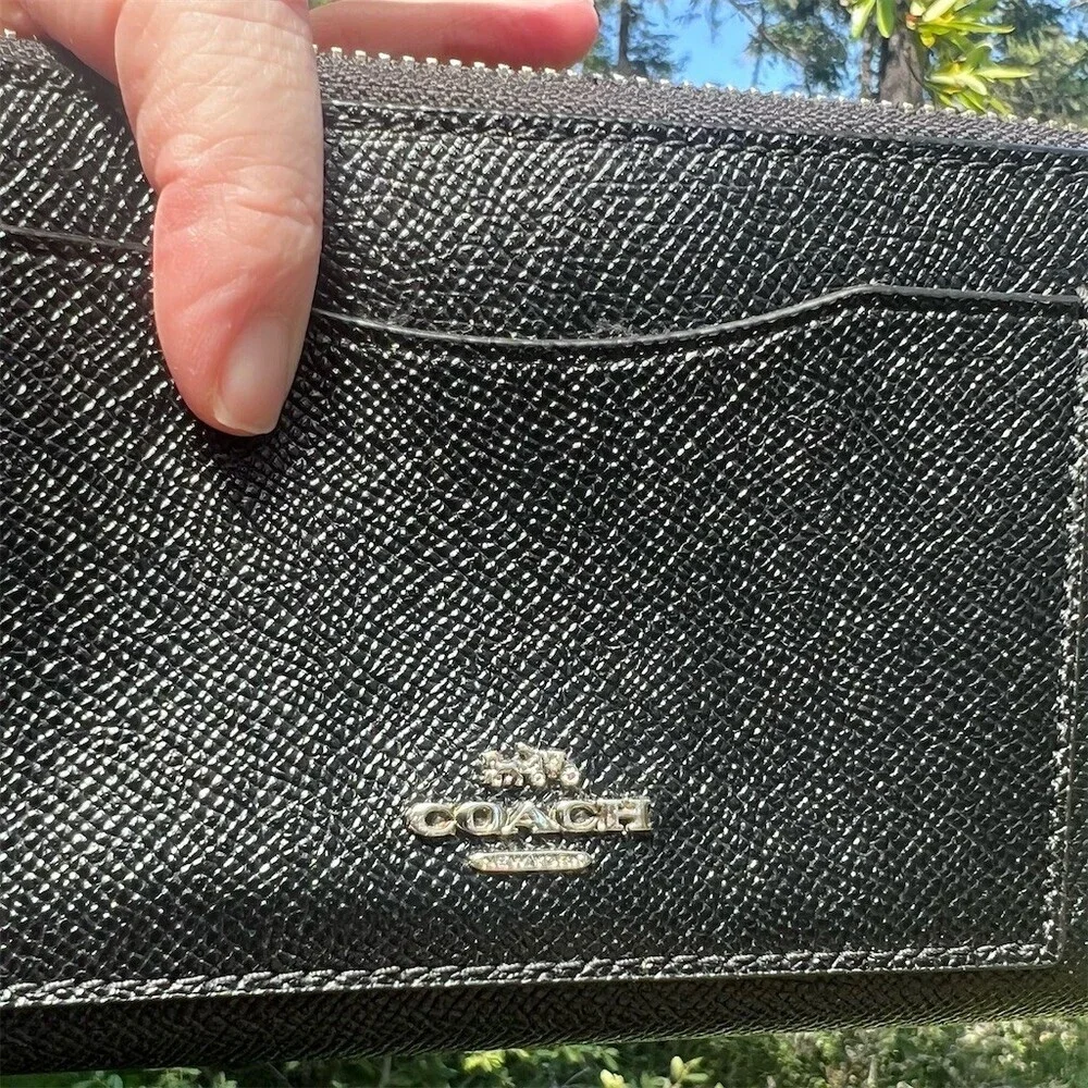 COACH Black Crossgrain Leather Zip-Around Wallet Silver Hardware AUTHENTIC